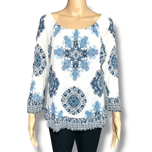 INC International Concepts Womens Blouse Top Shirt Floral Geo Print Blue White - Picture 6 of 8